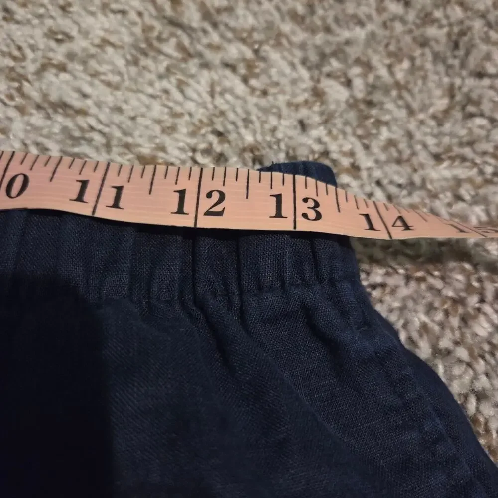 HM Womens Navy Blue 100% Linen Wide Leg Elastic Waist Cropped Pants Size Small S